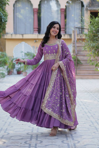 Light Purple Color Star Georgette Fabrics and Designer Embroidered Dupatta With Attractive Lace Border