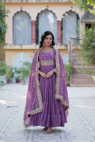 Light Purple Color Star Georgette Fabrics and Designer Embroidered Dupatta With Attractive Lace Border