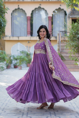 Light Purple Color Star Georgette Fabrics and Designer Embroidered Dupatta With Attractive Lace Border