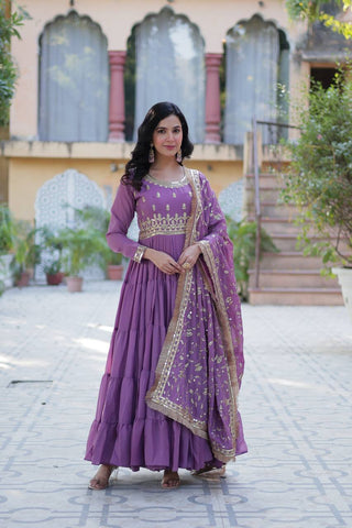 Light Purple Color Star Georgette Fabrics and Designer Embroidered Dupatta With Attractive Lace Border