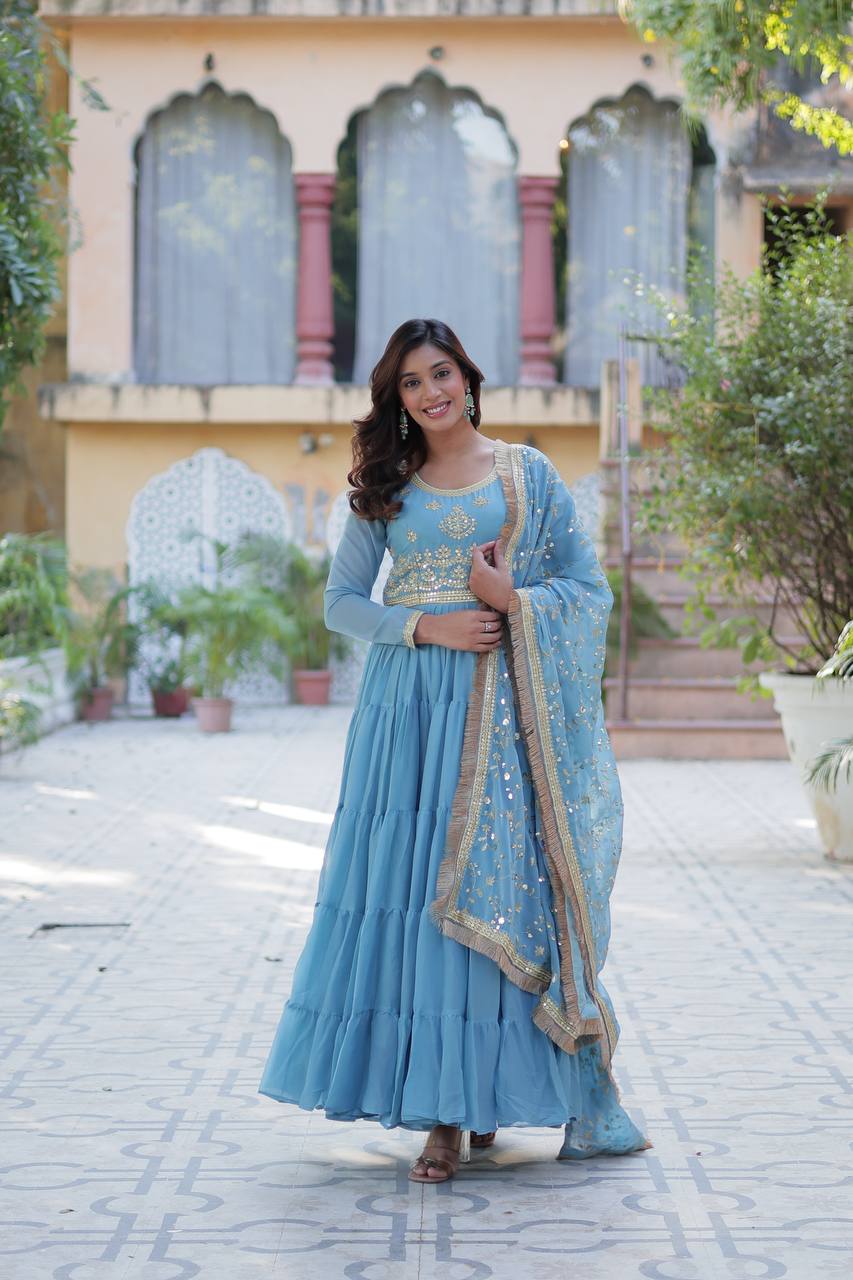 Sky Color Star Georgette Fabrics and Designer Embroidered Dupatta With Attractive Lace Border