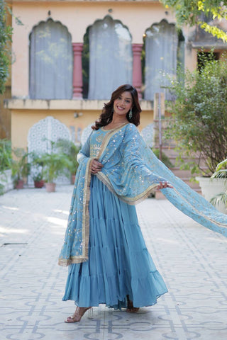 Sky Color Star Georgette Fabrics and Designer Embroidered Dupatta With Attractive Lace Border