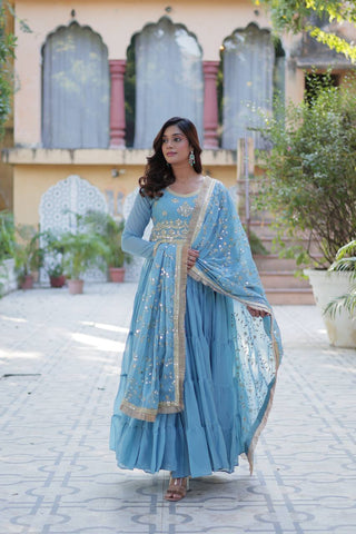 Sky Color Star Georgette Fabrics and Designer Embroidered Dupatta With Attractive Lace Border