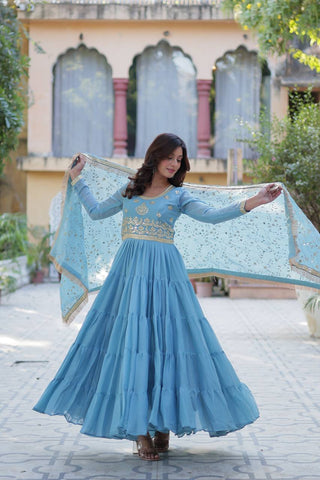 Sky Color Star Georgette Fabrics and Designer Embroidered Dupatta With Attractive Lace Border