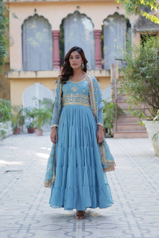 Sky Color Star Georgette Fabrics and Designer Embroidered Dupatta With Attractive Lace Border