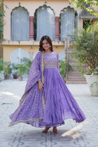 Lavender Color Star Georgette Fabrics and Designer Embroidered Dupatta With Attractive Lace Border