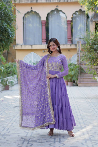 Lavender Color Star Georgette Fabrics and Designer Embroidered Dupatta With Attractive Lace Border