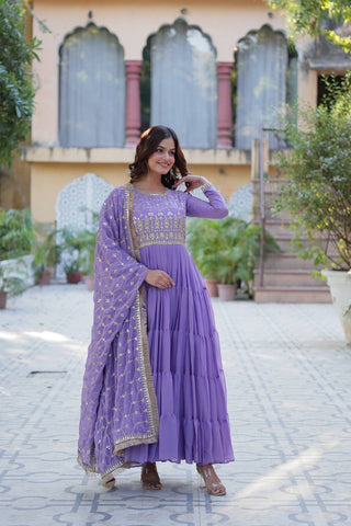 Lavender Color Star Georgette Fabrics and Designer Embroidered Dupatta With Attractive Lace Border