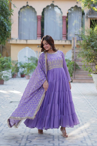 Lavender Color Star Georgette Fabrics and Designer Embroidered Dupatta With Attractive Lace Border