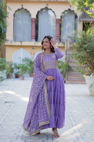 Lavender Color Star Georgette Fabrics and Designer Embroidered Dupatta With Attractive Lace Border