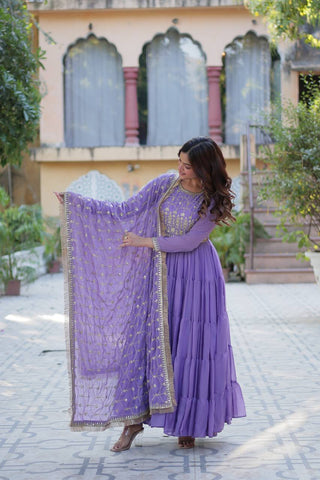 Lavender Color Star Georgette Fabrics and Designer Embroidered Dupatta With Attractive Lace Border