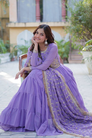 Lavender Color Star Georgette Fabrics and Designer Embroidered Dupatta With Attractive Lace Border