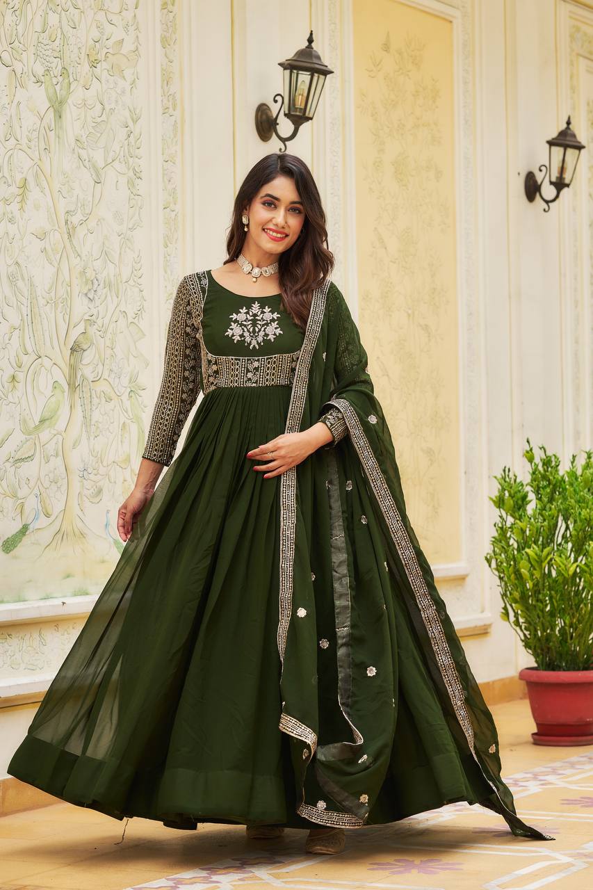 Faux Georgette Ready to Wear Embroidered Gown With Dupatta