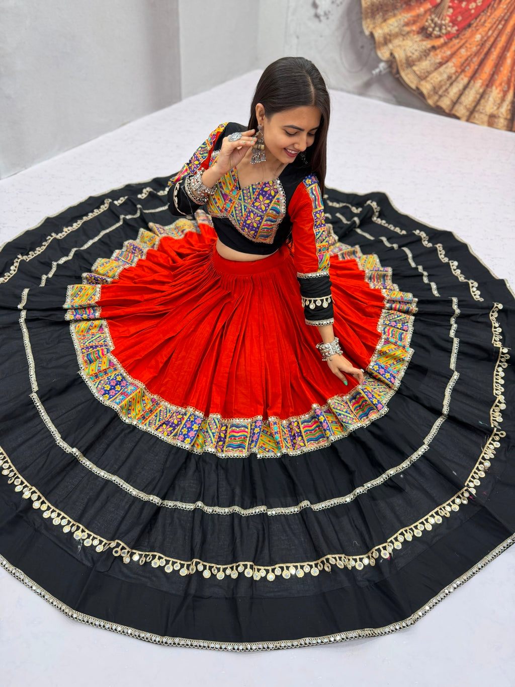 Festive Orange Cotton Print Mirror Lehenga Choli Set | Tulip Designer