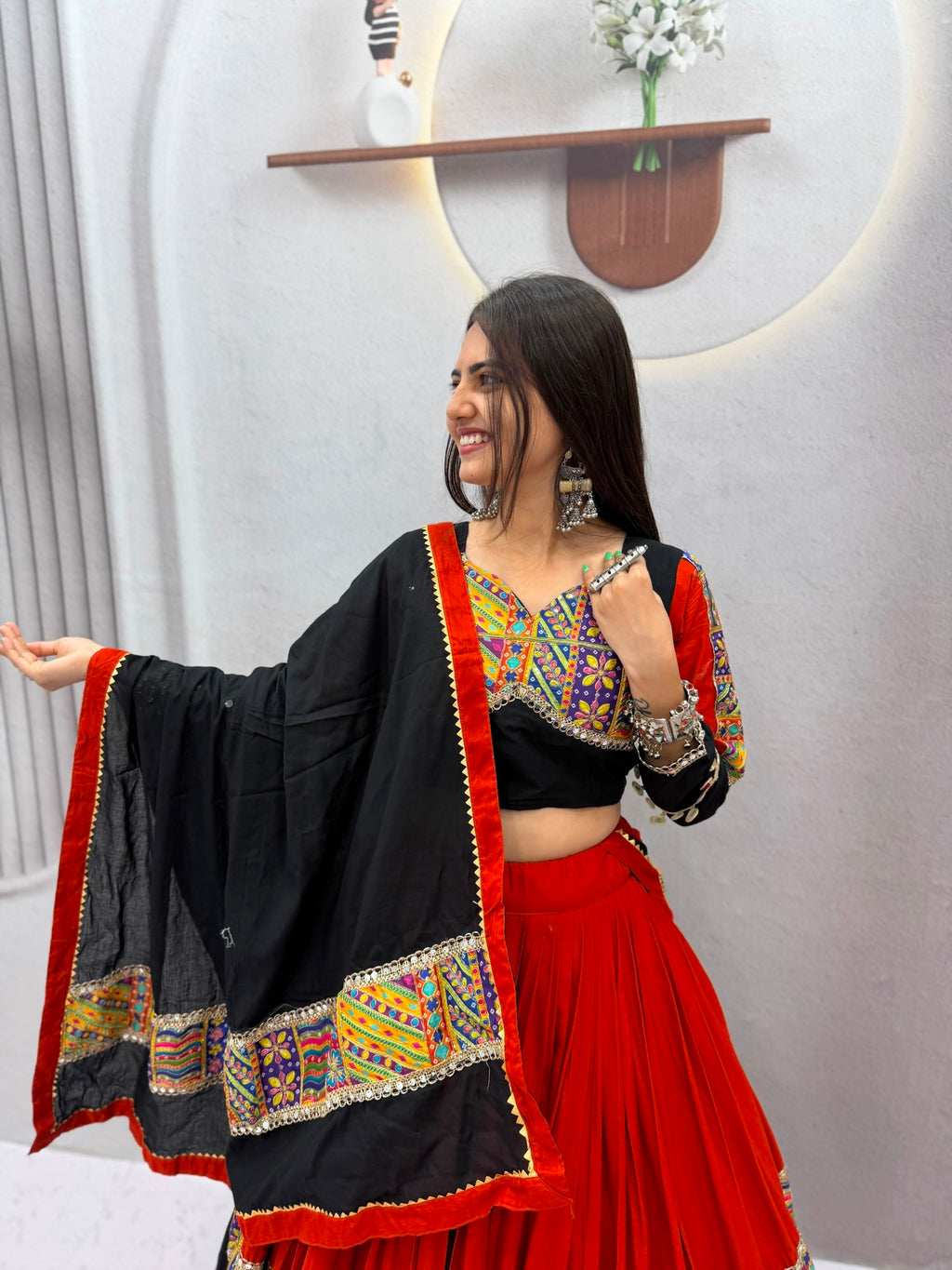Festive Orange Cotton Print Mirror Lehenga Choli Set | Tulip Designer