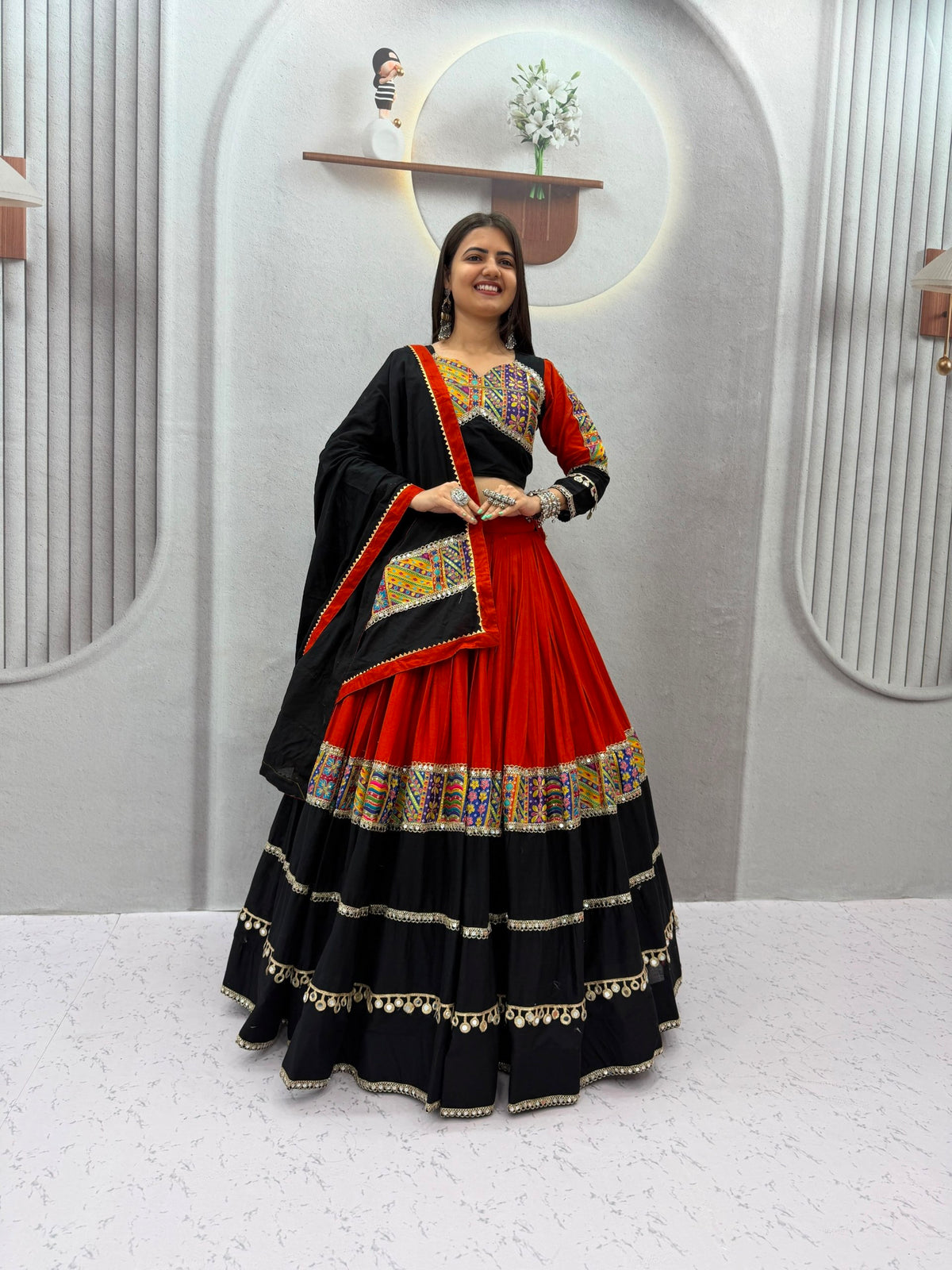 Festive Orange Cotton Print Mirror Lehenga Choli Set | Tulip Designer