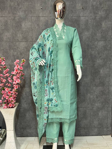 Beautiful kurta three piece set fancy cutwork lace detail on sleeves and necline with duppta set