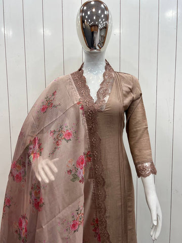 Beautiful kurta three piece set fancy cutwork lace detail on sleeves and necline with duppta set