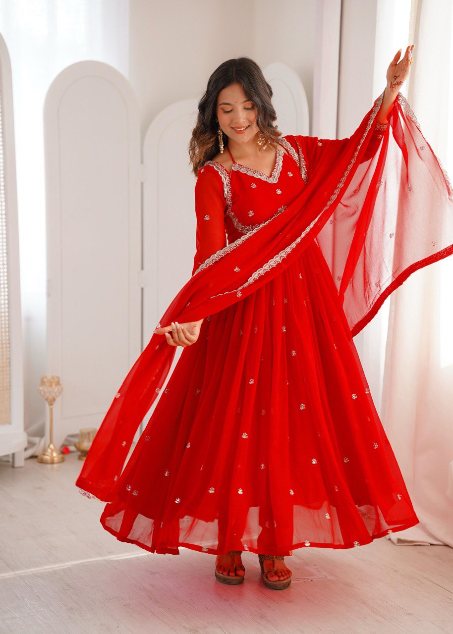 Red Premium Georgette Gown–Pant Set with Embroidered Dupatta