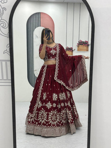 Maroon Vichitra Silk Embroidered Lehenga Choli with Dupatta For Women