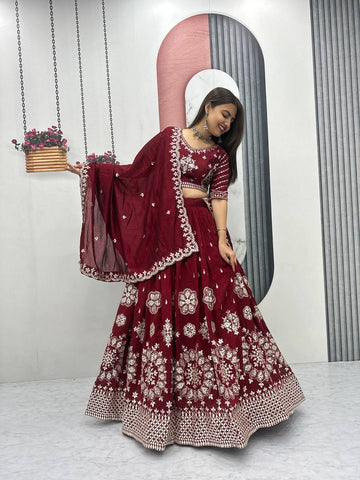 Maroon Vichitra Silk Embroidered Lehenga Choli with Dupatta For Women