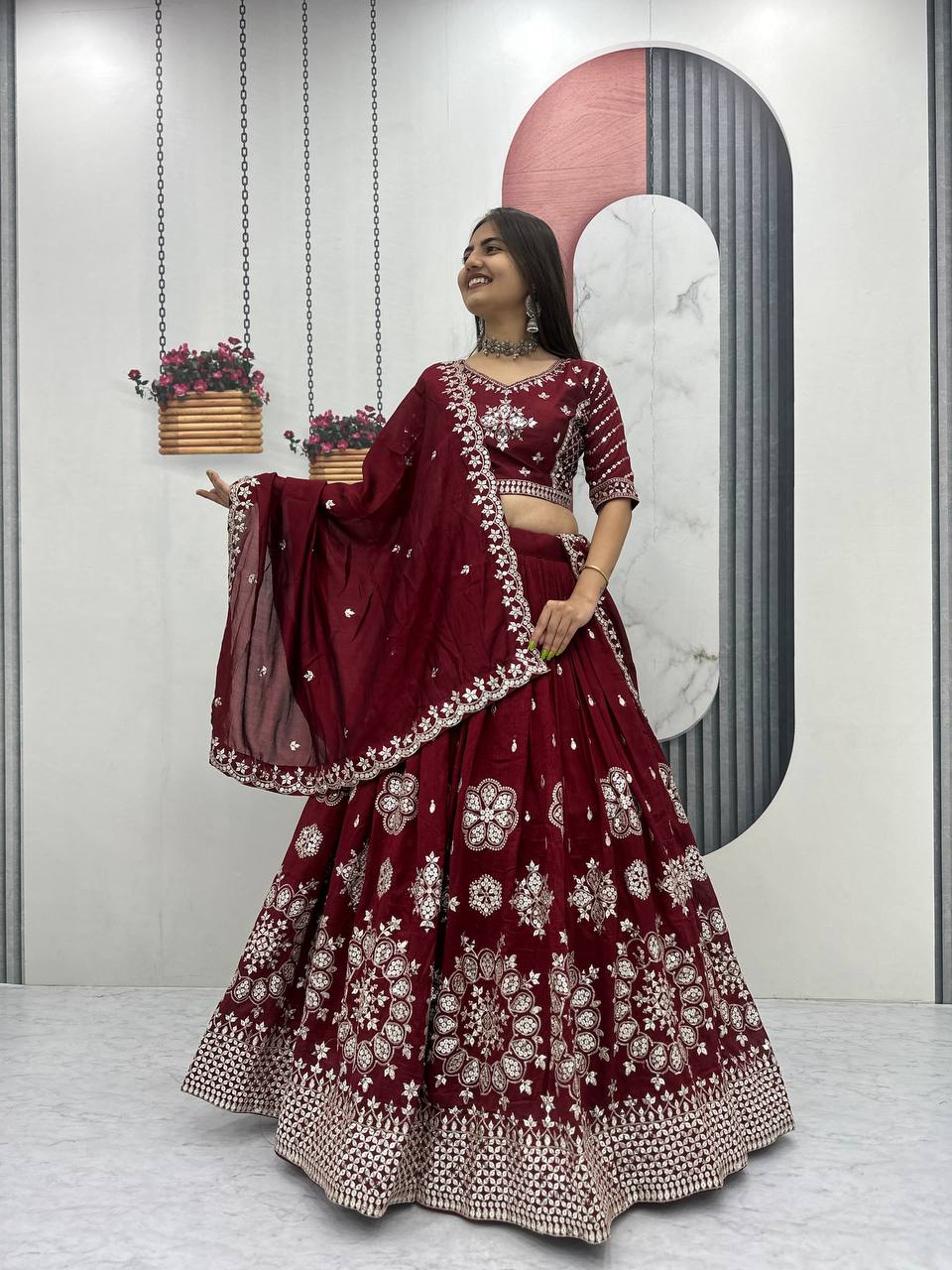 Maroon Vichitra Silk Embroidered Lehenga Choli with Dupatta For Women