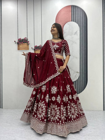 Maroon Vichitra Silk Embroidered Lehenga Choli with Dupatta For Women