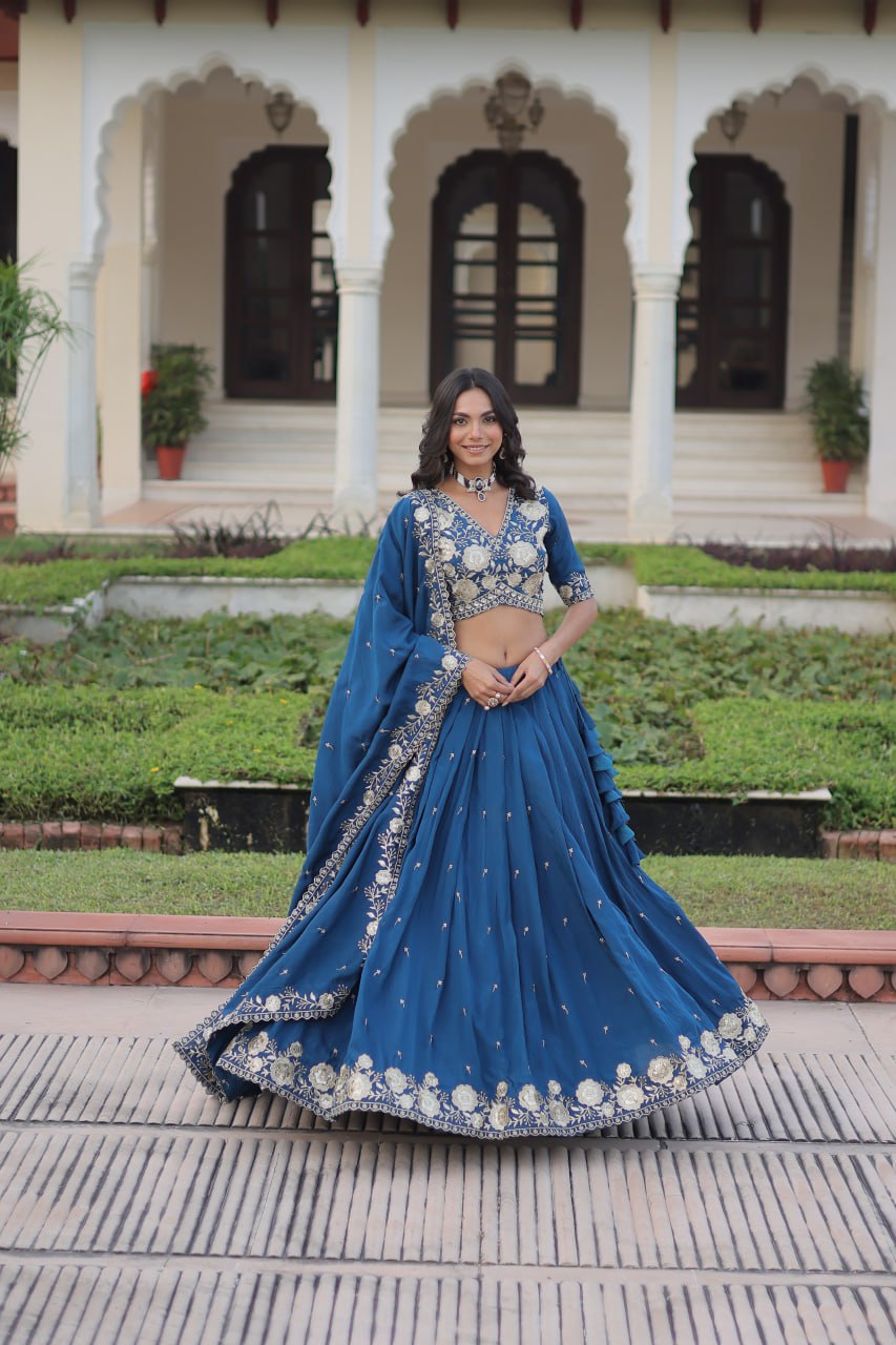 Royal Blue Elegant Vichitra Silk Lehenga Choli Set With Dupatta