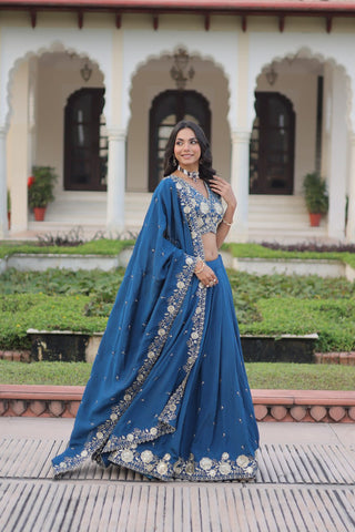 Royal Blue Elegant Vichitra Silk Lehenga Choli Set With Dupatta