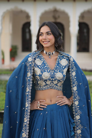 Royal Blue Elegant Vichitra Silk Lehenga Choli Set With Dupatta