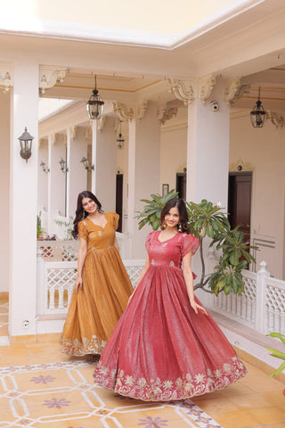 Royal Silver Crunchy Fabric Embroidery Work Gown Set For Women