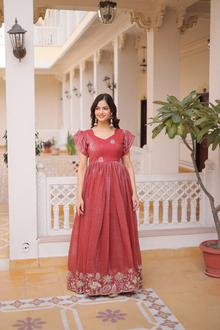 Royal Silver Crunchy Fabric Embroidery Work Gown Set For Women