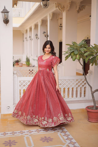 Royal Silver Crunchy Fabric Embroidery Work Gown Set For Women