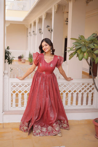 Royal Silver Crunchy Fabric Embroidery Work Gown Set For Women