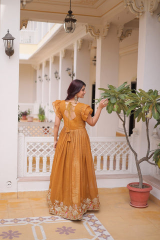 Royal Silver Crunchy Fabric Embroidery Work Gown Set For Women