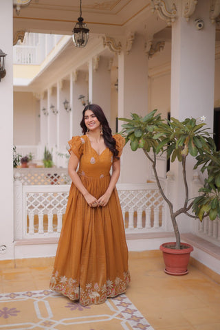 Royal Silver Crunchy Fabric Embroidery Work Gown Set For Women