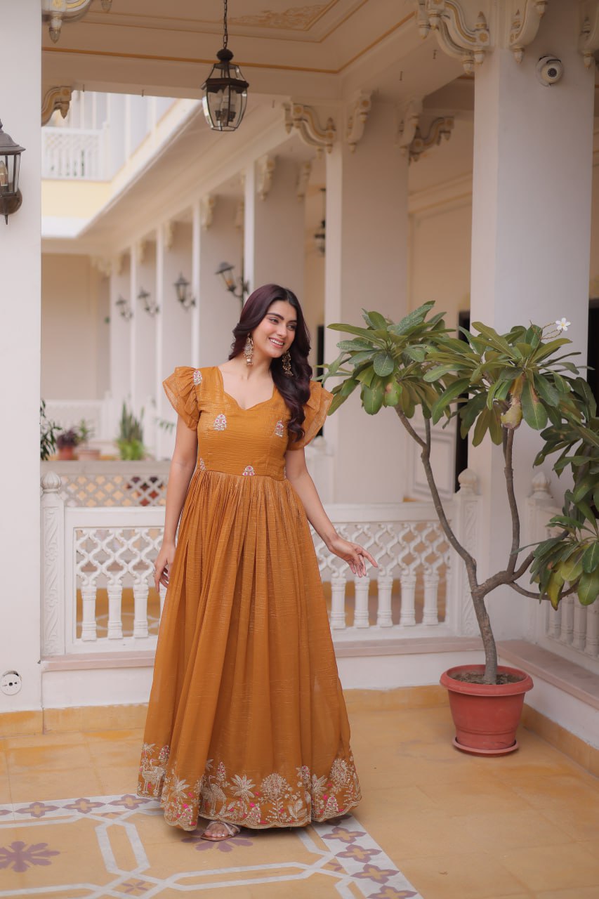 Royal Silver Crunchy Fabric Embroidery Work Gown Set For Women