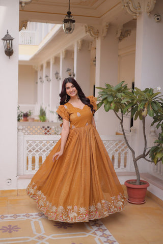 Royal Silver Crunchy Fabric Embroidery Work Gown Set For Women