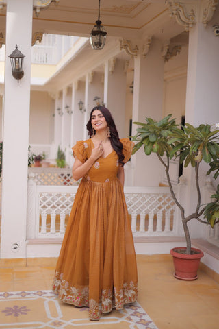 Royal Silver Crunchy Fabric Embroidery Work Gown Set For Women