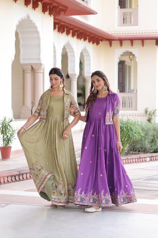 Vichitra Silk Gown with Sequins, Zari & Thread Embroidery Work