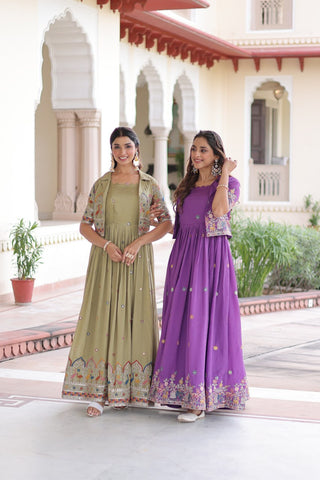 Vichitra Silk Gown with Sequins, Zari & Thread Embroidery Work