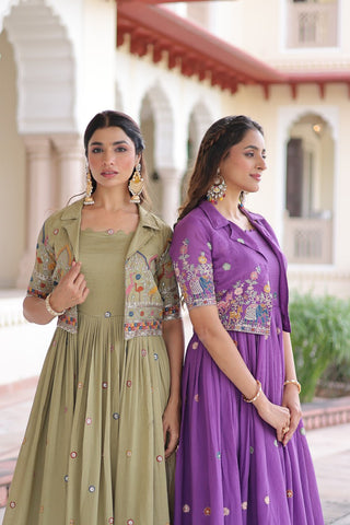 Vichitra Silk Gown with Sequins, Zari & Thread Embroidery Work