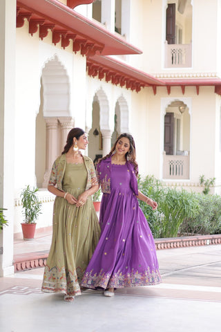 Vichitra Silk Gown with Sequins, Zari & Thread Embroidery Work