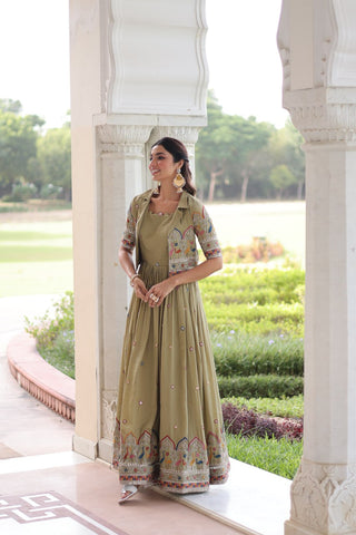 Vichitra Silk Gown with Sequins, Zari & Thread Embroidery Work