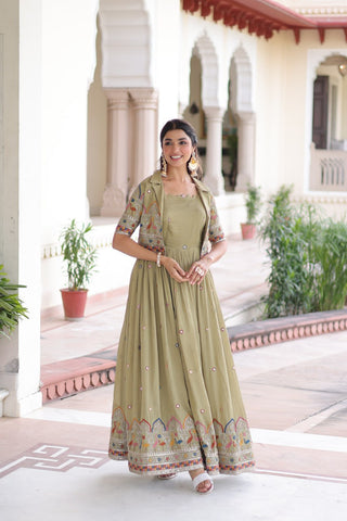 Vichitra Silk Gown with Sequins, Zari & Thread Embroidery Work