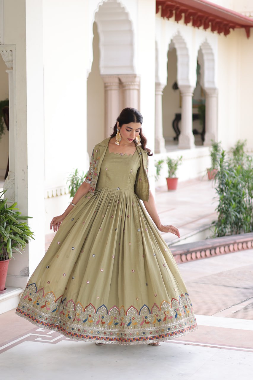 Vichitra Silk Gown with Sequins, Zari & Thread Embroidery Work