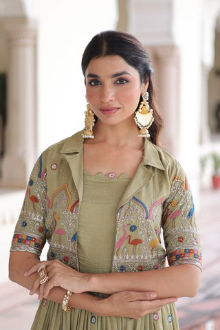 Vichitra Silk Gown with Sequins, Zari & Thread Embroidery Work