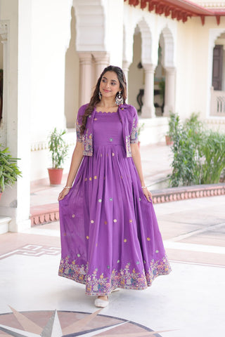 Vichitra Silk Gown with Sequins, Zari & Thread Embroidery Work