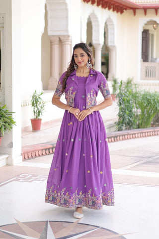 Vichitra Silk Gown with Sequins, Zari & Thread Embroidery Work