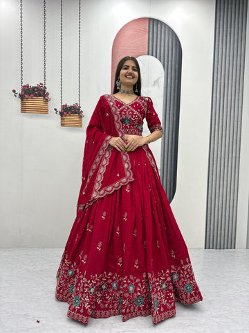 Heavy Embroidered Pure Blooming Vichitra Silk Lehenga Choli Set